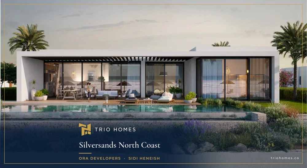 Rendering of a Silversands home with floor-to-ceiling glass opening onto a pool terrace and garden