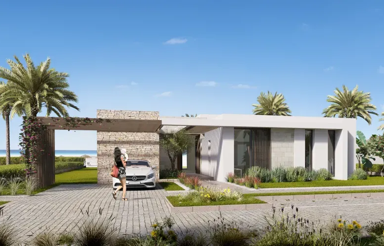 Rendering of a villa entrance and driveway with palm trees at Silversands, Sidi Heneish