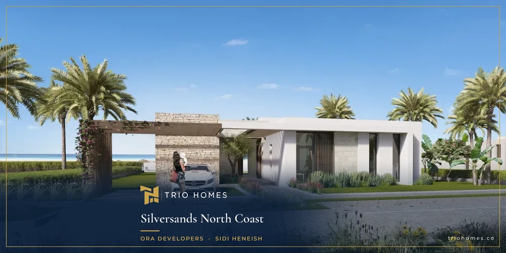 Rendering of a villa entrance and driveway with palm trees at Silversands, Sidi Heneish