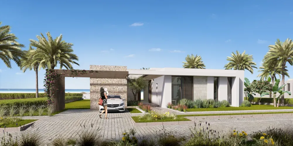 Silversands North Coast villa entrance Rendering of a villa entrance and driveway with palm trees at Silversands, Sidi Heneish