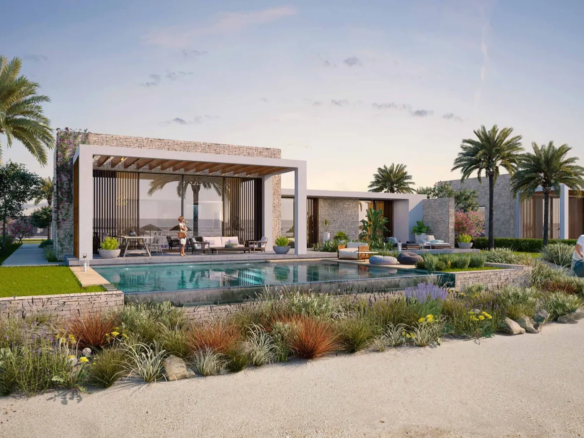 Rendering of a modern single-storey villa with a private pool and palm trees at Silversands, North Coast