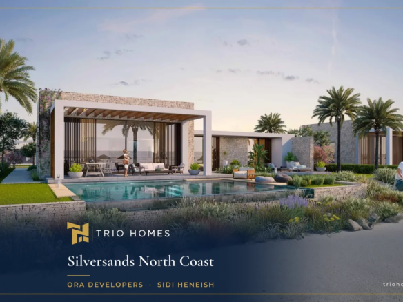 Rendering of a modern single-storey villa with a private pool and palm trees at Silversands, North Coast