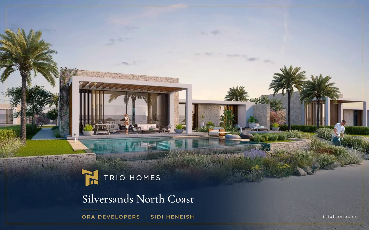 Rendering of a modern single-storey villa with a private pool and palm trees at Silversands, North Coast