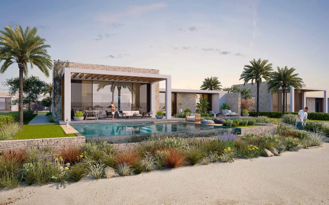 Silversands North Coast villa with private pool Rendering of a modern single-storey villa with a private pool and palm trees at Silversands, North Coast