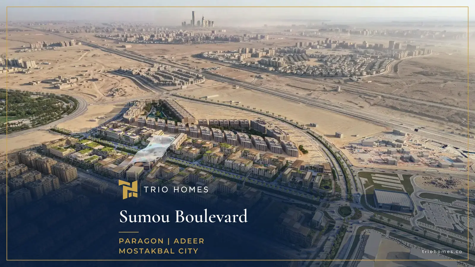 Aerial view of Sumou Boulevard Mostakbal City with its main boulevard and low buildings Aerial view of Sumou Boulevard Mostakbal City with its main boulevard and low buildings