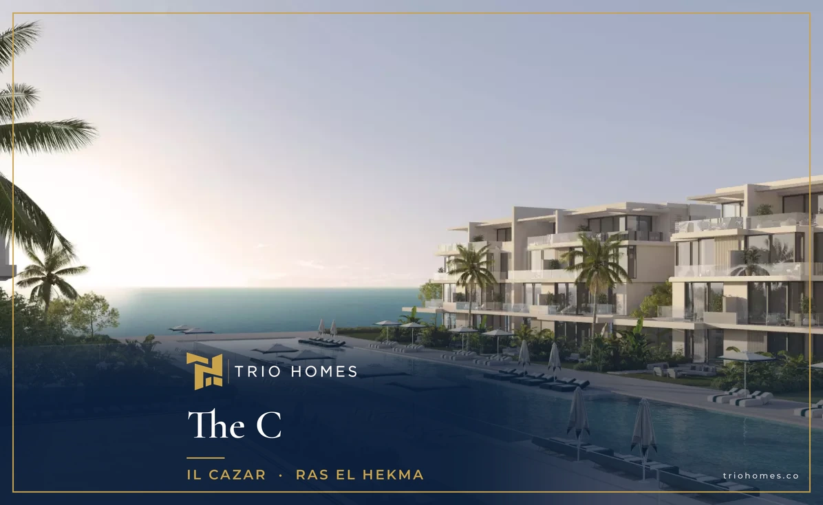 The C residences at sunset Sunset rendering of low-rise residential buildings beside a long pool near the sea at The C by IL Cazar, Ras El Hekma