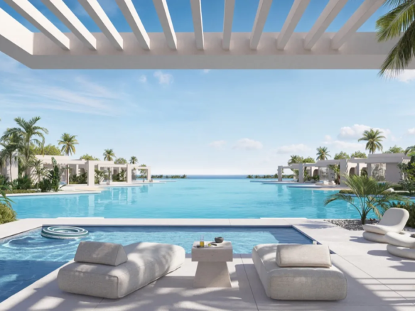 Rendering of a pool deck with loungers under a pergola overlooking a lagoon and the sea at The C, Ras El Hekma