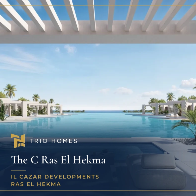 Rendering of a pool deck with loungers under a pergola overlooking a lagoon and the sea at The C, Ras El Hekma