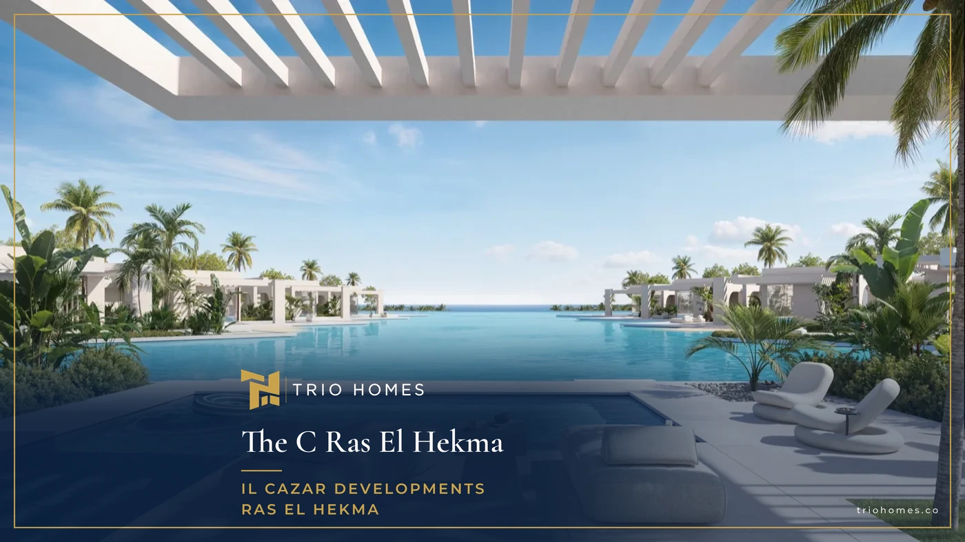 the-c-ras-el-hekma-pool-sea-view-trio Rendering of a pool deck with loungers under a pergola overlooking a lagoon and the sea at The C, Ras El Hekma