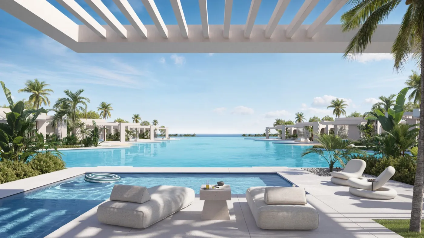 The C Ras El Hekma pool with sea view Rendering of a pool deck with loungers under a pergola overlooking a lagoon and the sea at The C, Ras El Hekma