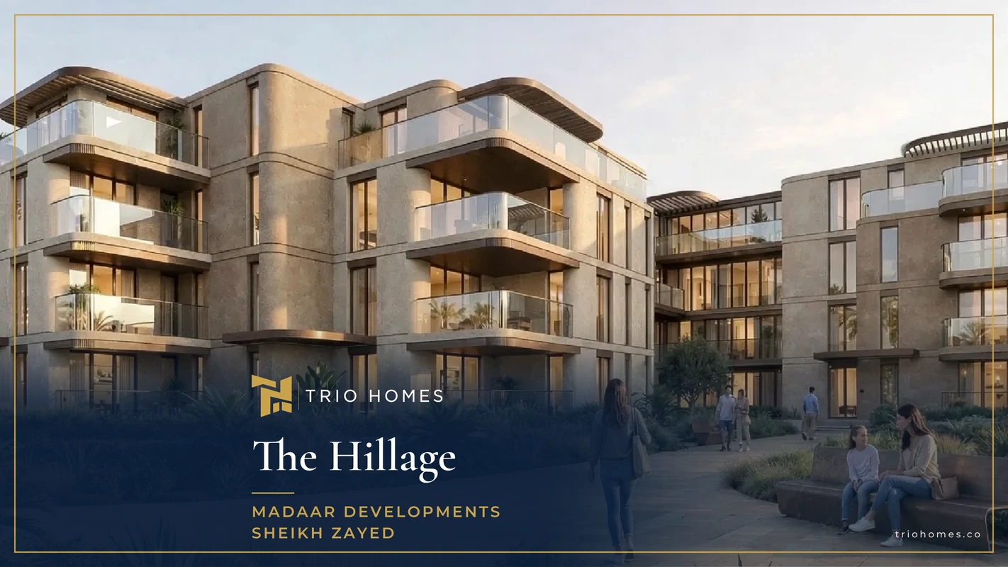 Apartment buildings and a garden walkway at The Hillage by Madaar Developments Apartment buildings and a garden walkway at The Hillage by Madaar Developments