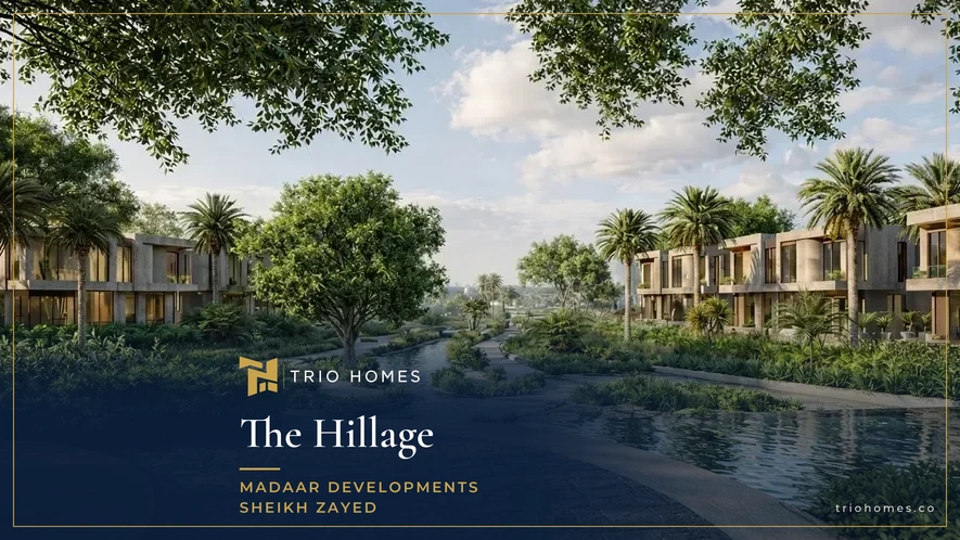 Waterway between villas and trees at The Hillage Sheikh Zayed Waterway between villas and trees at The Hillage Sheikh Zayed