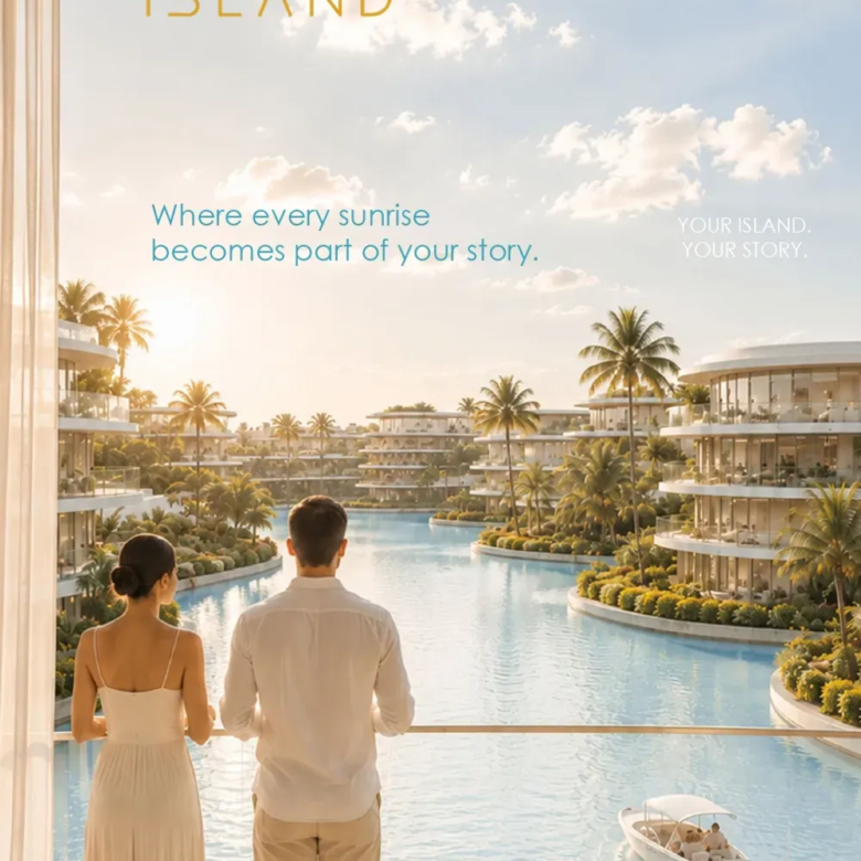 Couple on a balcony overlooking the swimmable lagoon at The Island by Morshedy Group