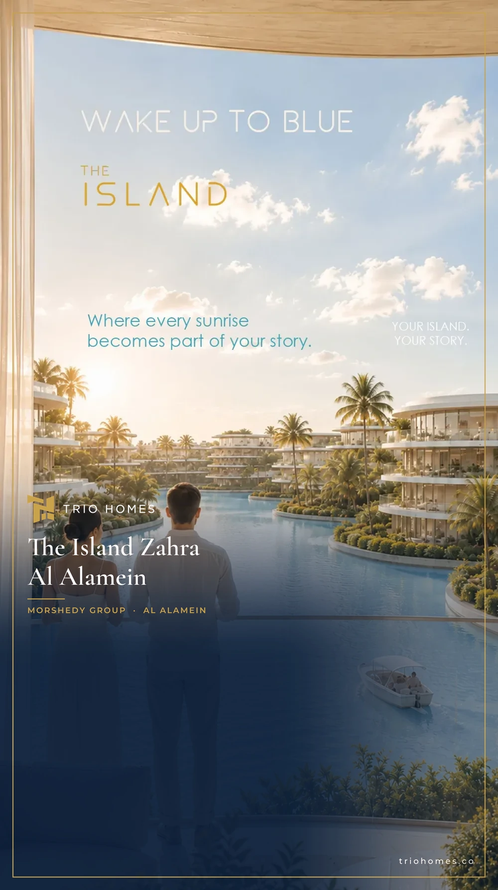 the-island-zahra-al-alamein-lagoon-balcony-view-trio Couple on a balcony overlooking the swimmable lagoon at The Island by Morshedy Group