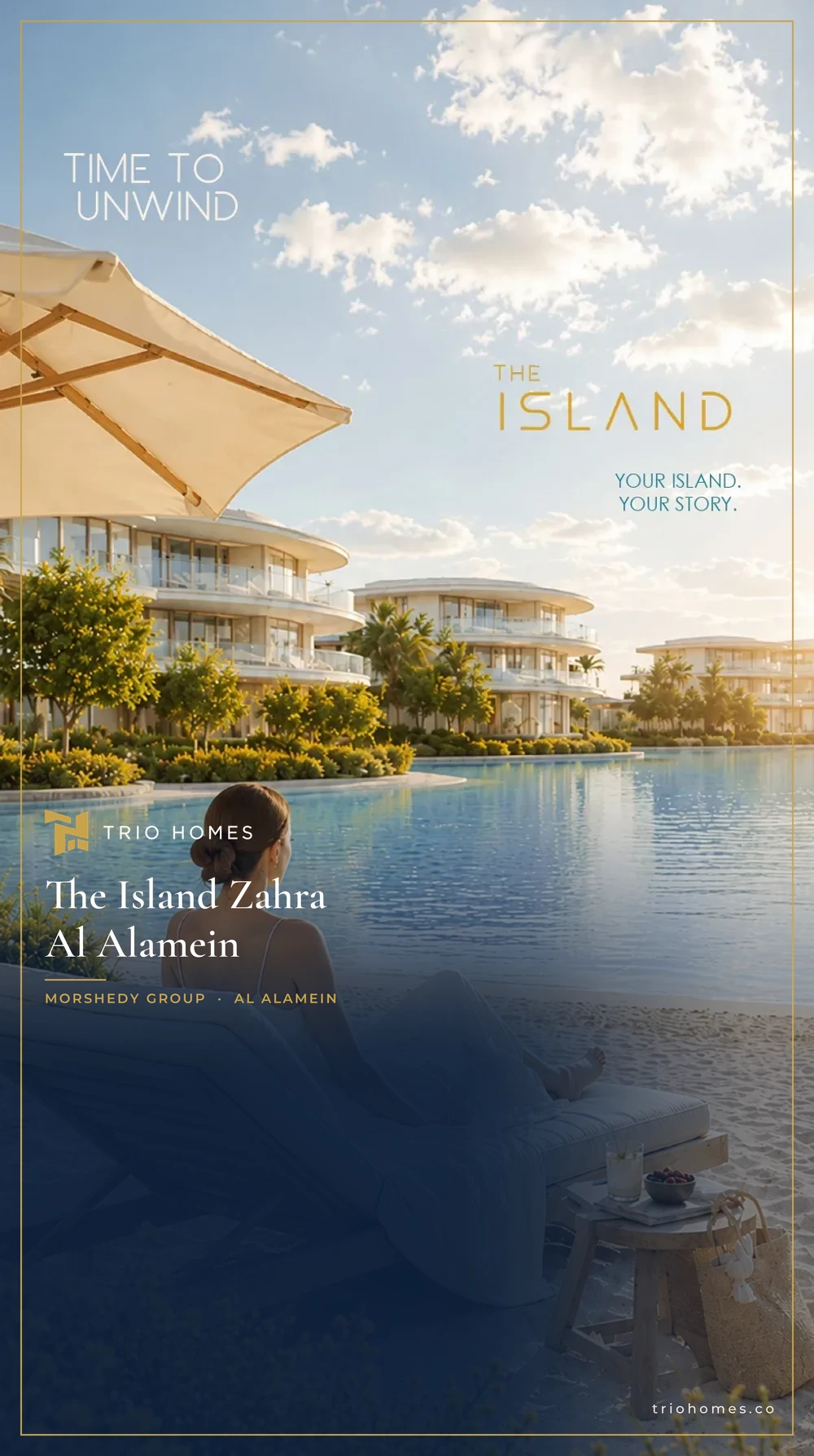 the-island-zahra-al-alamein-lagoon-beach-trio Woman relaxing on a sun lounger by the lagoon beach at The Island, Zahra