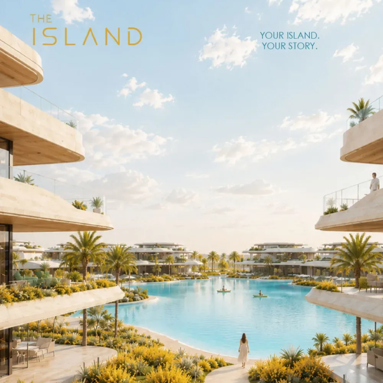 Rendering of a landscaped walkway between lagoons and residential buildings at The Island, Al Alamein