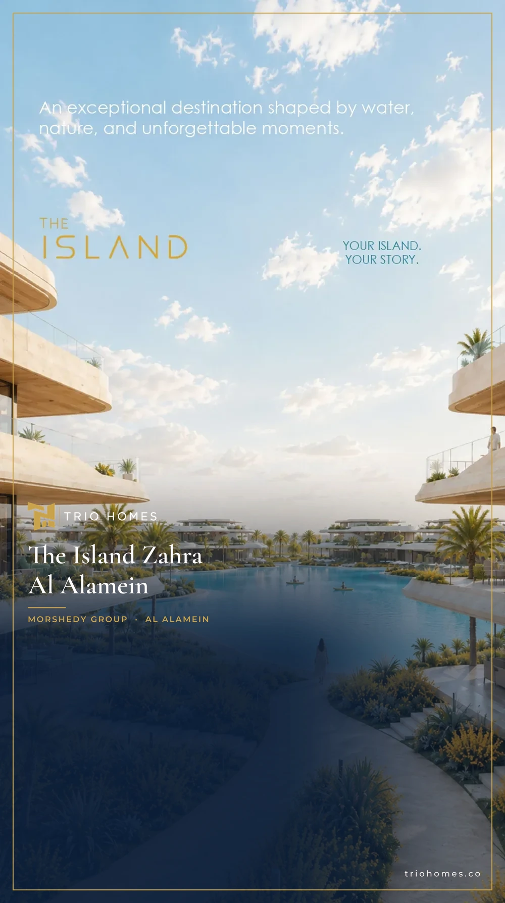 the-island-zahra-al-alamein-lagoon-walkway-trio Rendering of a landscaped walkway between lagoons and residential buildings at The Island, Al Alamein