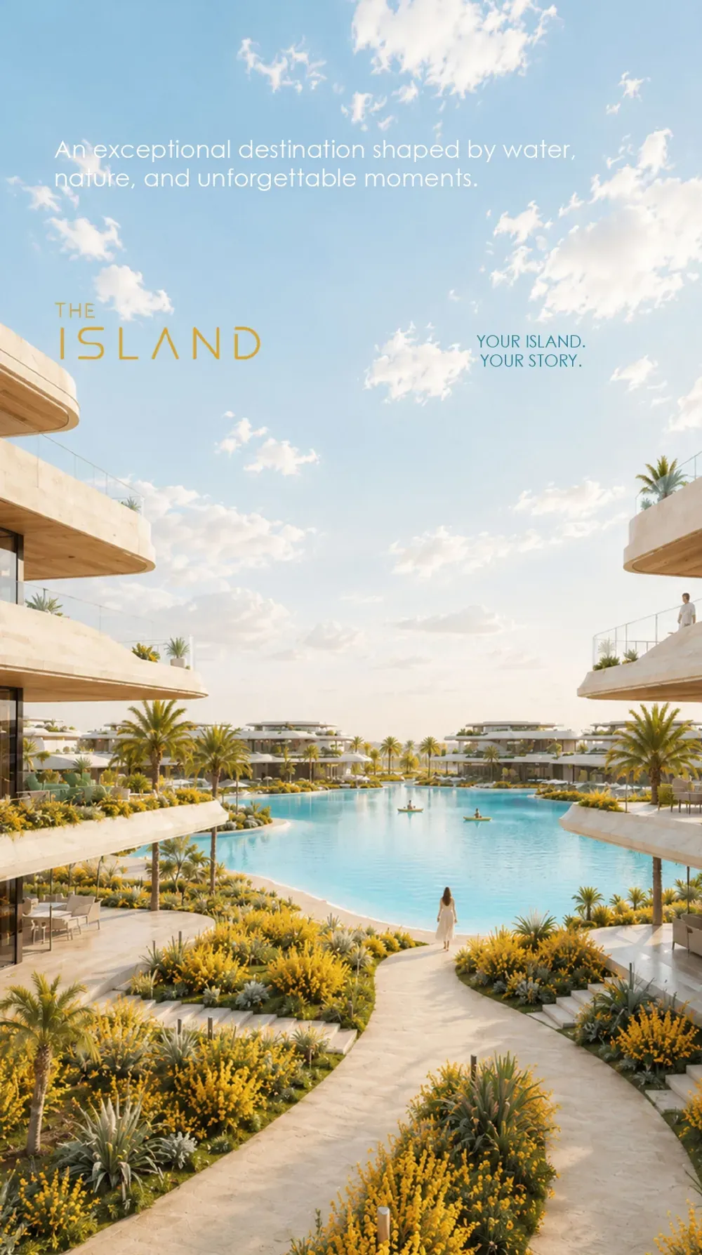 The Island Zahra Al Alamein lagoon walkway Rendering of a landscaped walkway between lagoons and residential buildings at The Island, Al Alamein