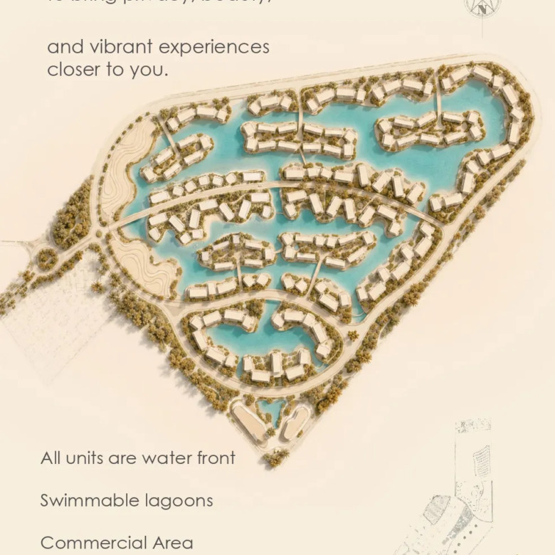 Master plan of The Island at Zahra showing waterfront units around swimmable lagoons