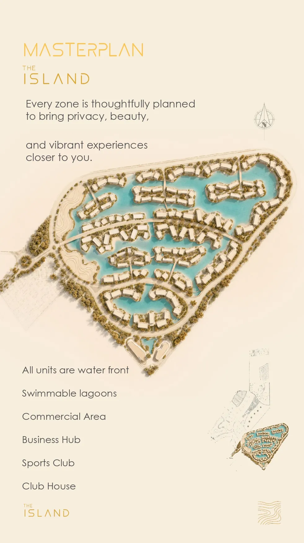 The Island Zahra Al Alamein master plan Master plan of The Island at Zahra showing waterfront units around swimmable lagoons