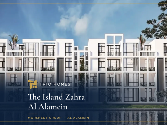 Rendering of white low-rise residential buildings reflected in a lagoon at The Island, Zahra, Al Alamein