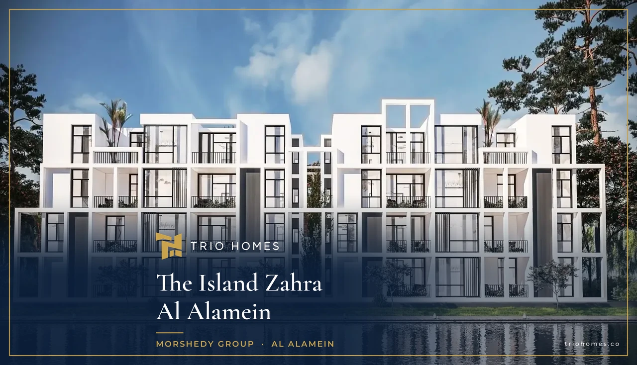 the-island-zahra-al-alamein-waterfront-buildings-trio Rendering of white low-rise residential buildings reflected in a lagoon at The Island, Zahra, Al Alamein