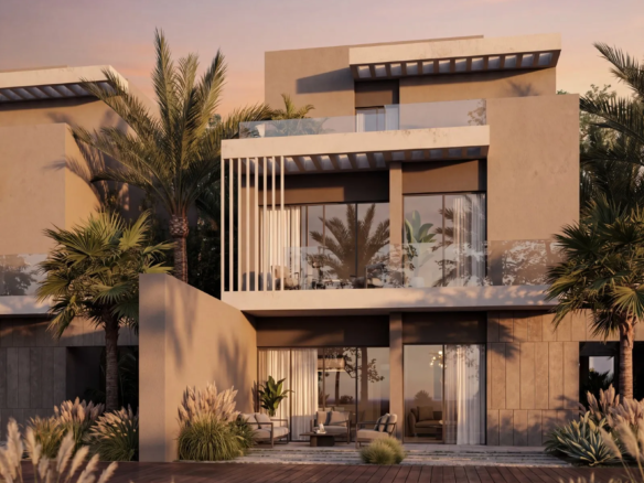 Rendering of a modern townhouse with terraces and palm trees at Vallis, Sixth Settlement