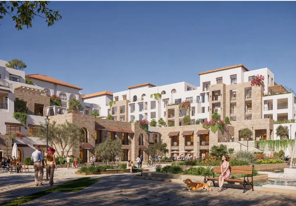 Yemm Boulevard Ras El Hekma apartment buildings Rendering of Mediterranean-style apartment buildings and landscaped walkways at Yemm Boulevard Ras El Hekma