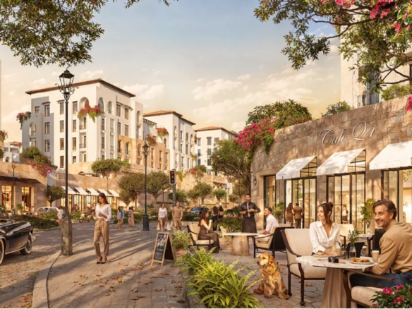 Rendering of the pedestrian boulevard at Yemm Boulevard Ras El Hekma with outdoor cafés and low-rise apartment buildings