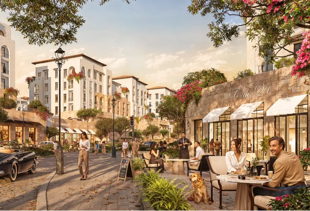 Yemm Boulevard Ras El Hekma boulevard cafés Rendering of the pedestrian boulevard at Yemm Boulevard Ras El Hekma with outdoor cafés and low-rise apartment buildings