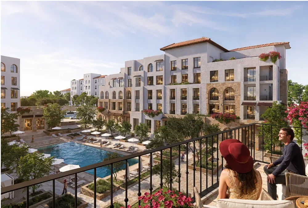 Yemm Boulevard Ras El Hekma pool view Rendering of a terrace overlooking a swimming pool and apartment buildings at Yemm Boulevard Ras El Hekma