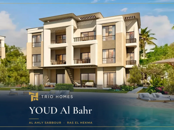 Render of a chalet building on a lagoon beach at YOUD, home of YOUD Al Bahr Ras El Hekma