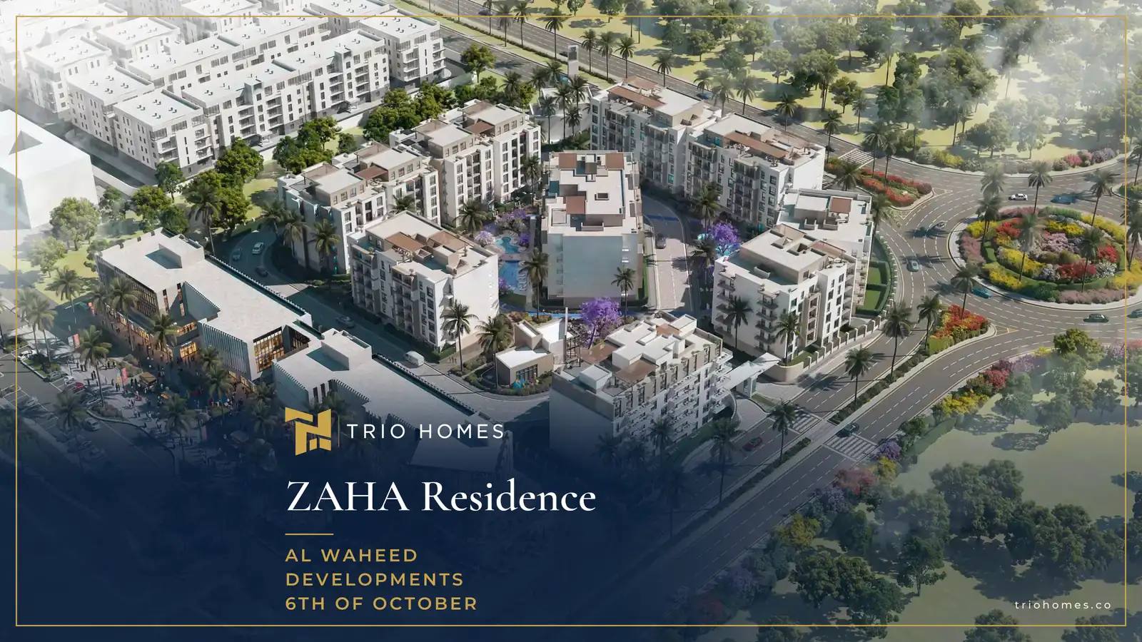 Aerial view of the buildings and green courtyards of ZAHA Residence by Al Waheed Developments Aerial view of the buildings and green courtyards of ZAHA Residence by Al Waheed Developments